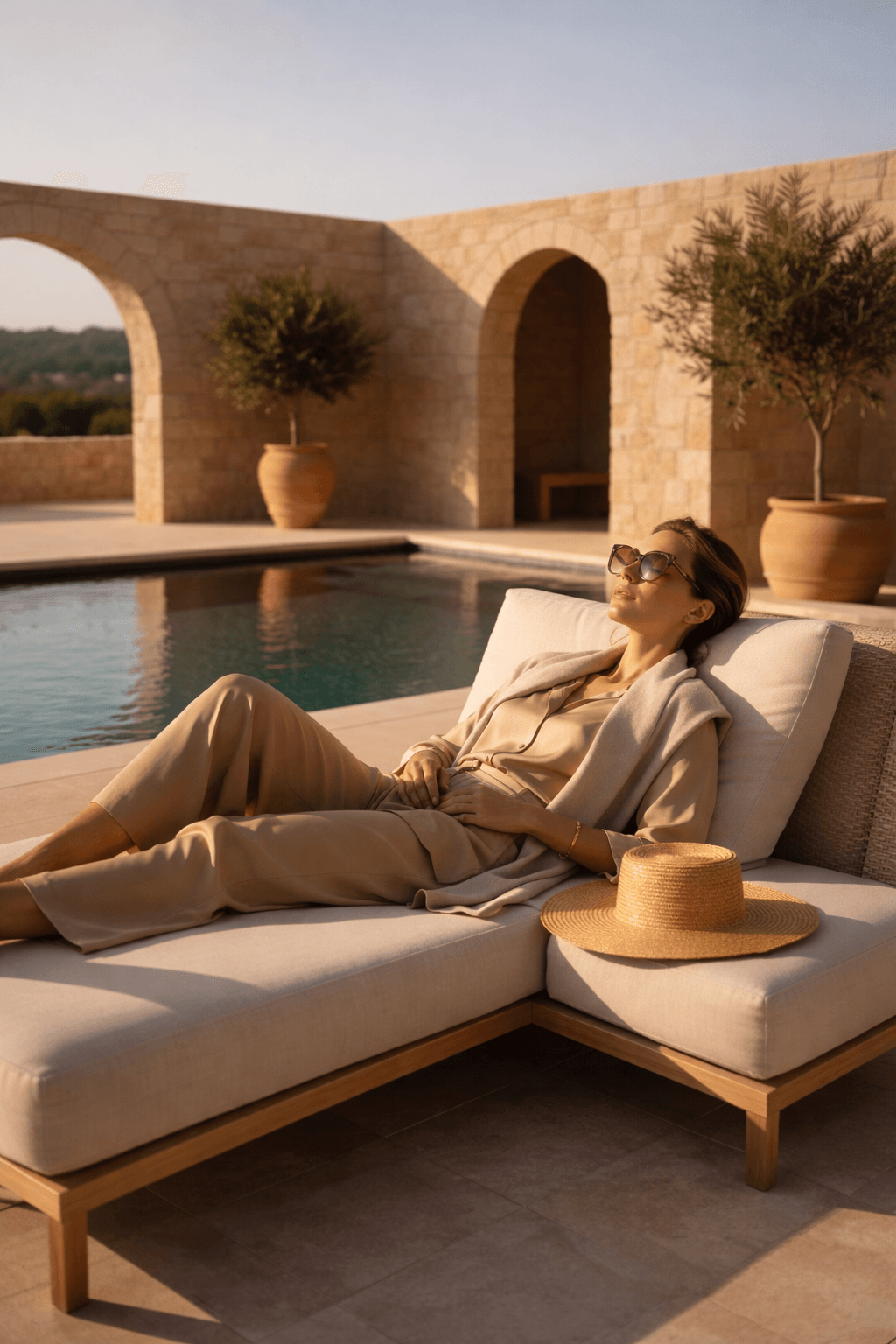 Sun Ready — model relaxing poolside in sunglasses
